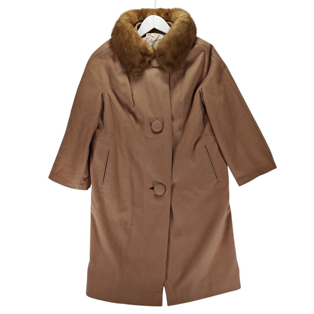 Vintage The Fashion Shop Wool Coat Brown Real Fur Collar Camel Mid Century 60s